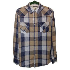 Coastal Long Sleeve Pearl Snap Brown/Grey Plaid Shirt Men's Size S